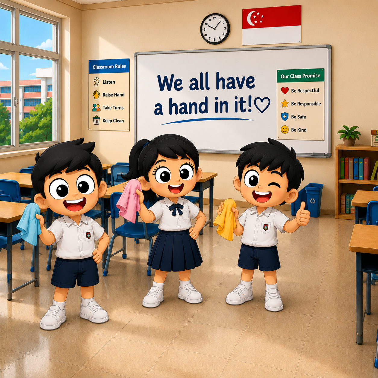 Illustration of three cartoon students in Singapore school uniforms holding cleaning cloths in a classroom setting. A whiteboard behind them reads 'We all have a hand in it!' with a heart symbol. The classroom features a Classroom Rules poster listing Listen, Raise Hand, Take Turns, and Keep Clean, as well as an Our Class Promise poster with the values Be Respectful, Be Responsible, Be Safe, and Be Kind. A Singapore flag is displayed on the wall, and a recycling bin is visible in the corner of the classroom